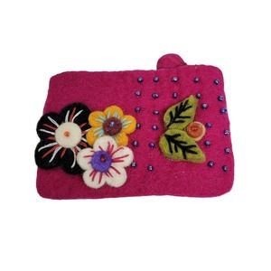 Windhorse Fuchsia Pink Floral Felted Wool Pouch Wallet Handmade in Nepal